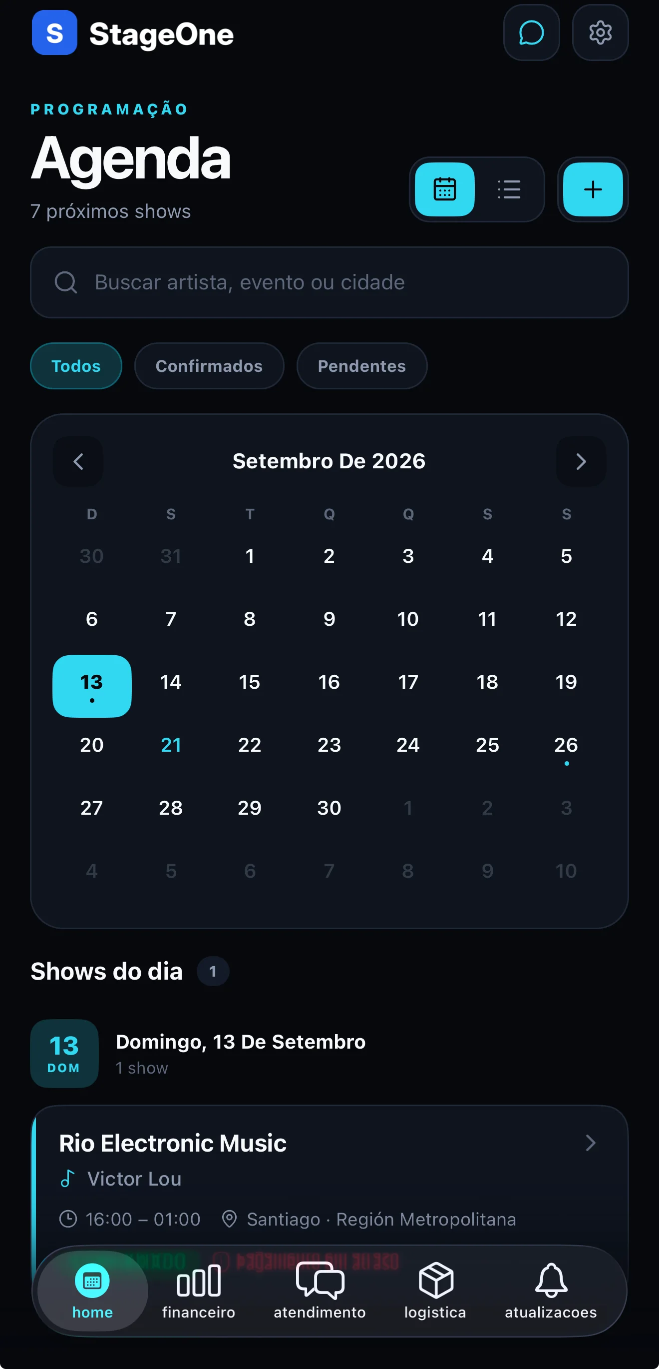 Agenda do StageOne no app